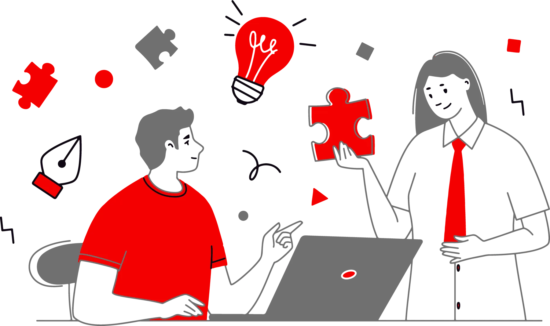 Two colleagues working out a solution: one holds a red puzzle piece beneath a light bulb while the other points at a laptop