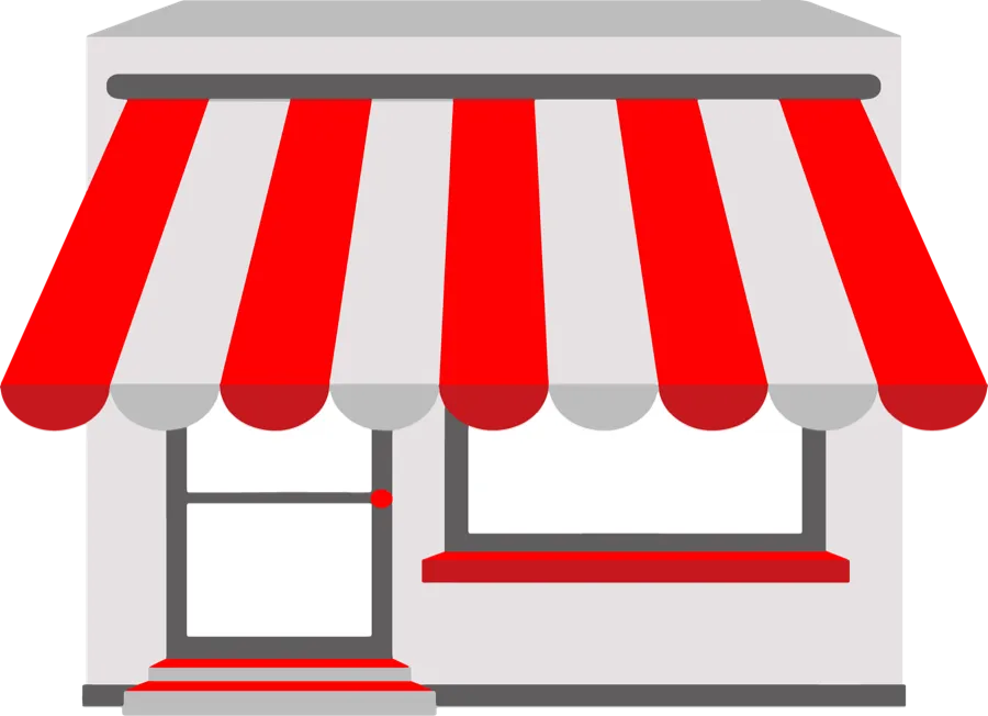 Illustration of a shop front with a red and white striped awning
